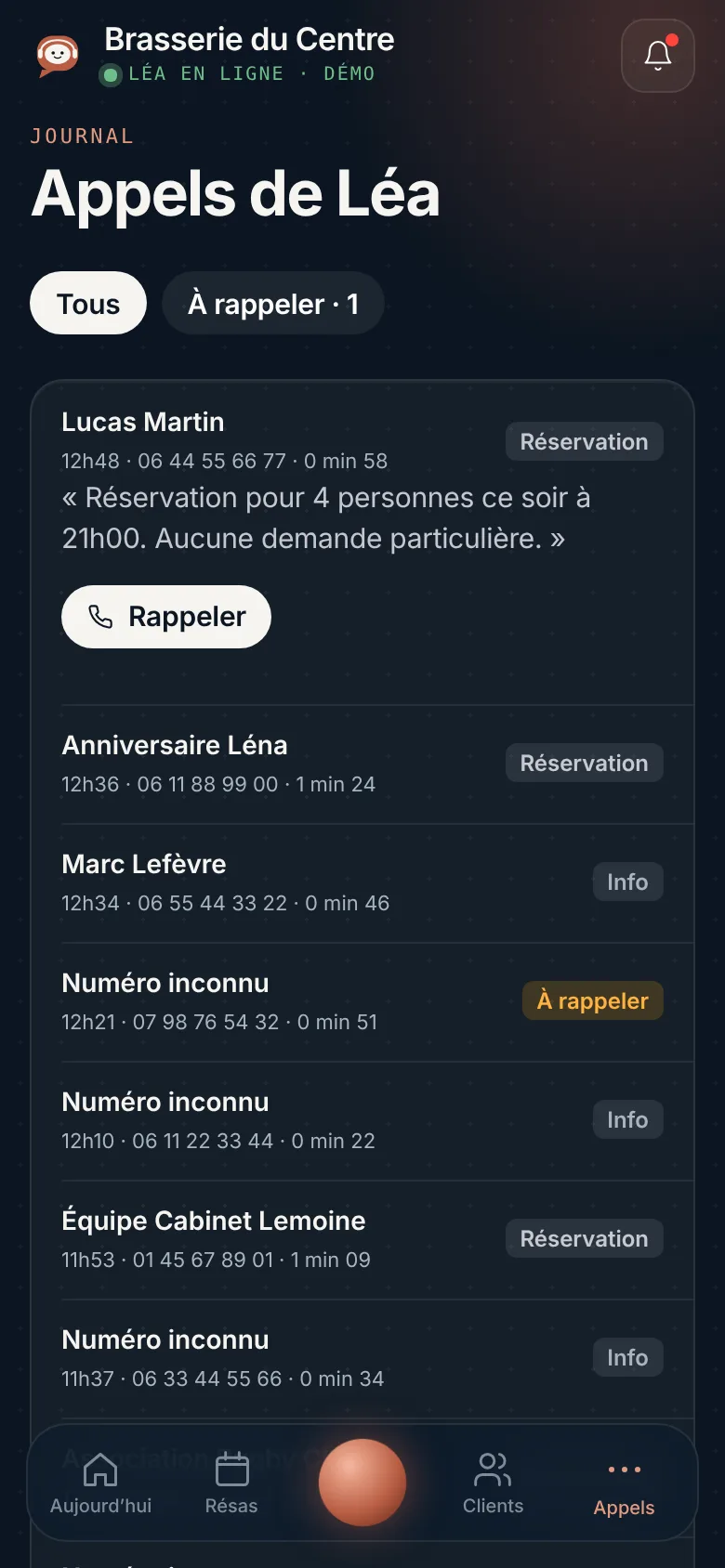 Écran des appels : résumé d’un appel et bouton Rappeler
