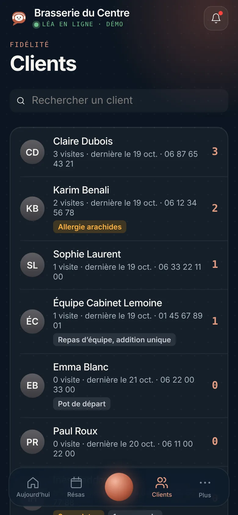 Écran clients : visites, allergies et no-shows