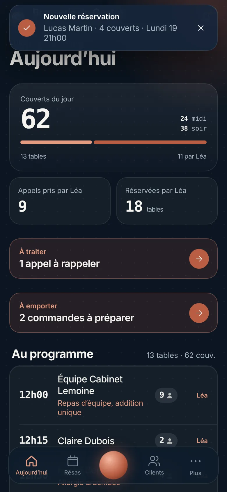 L’appli Léa : une notification « Nouvelle réservation » arrive au-dessus du planning du jour